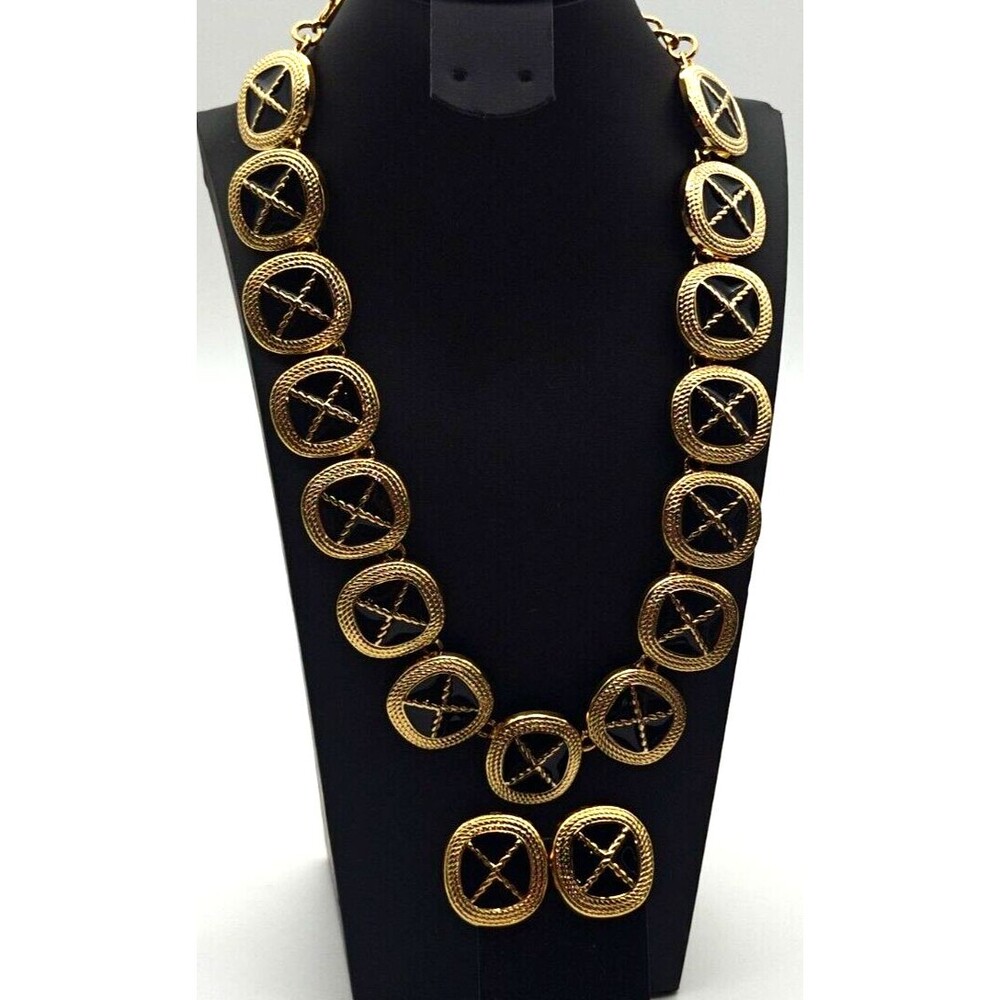 Vtg Park Lane Goldtone Black Enamel 20" Necklace & Earrings